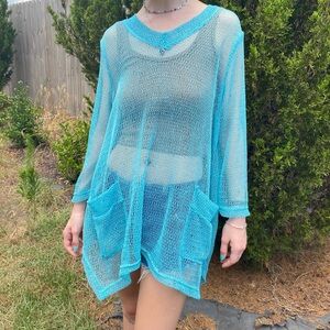 Y2K Aquamarine Blue Knitted See Through Sheer Kaktus Long Sleeve Top Beach Cover